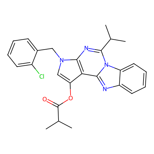 3-(2-chlorobenzyl)-5-(propan-2-yl)-3H-pyrrolo[2',3':4,5]pyrimido[1,6-a]benzimidazol-1-yl 2-methylpropanoate structure