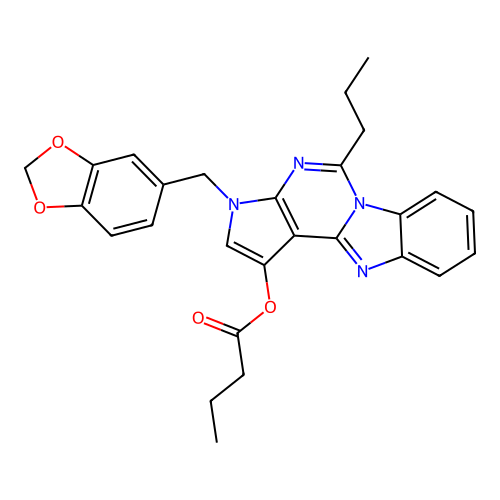 3-(1,3-benzodioxol-5-ylmethyl)-5-propyl-3H-pyrrolo[2',3':4,5]pyrimido[1,6-a]benzimidazol-1-yl butanoate structure