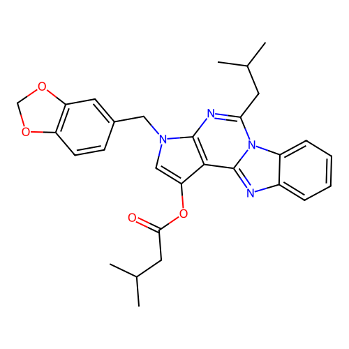 3-(1,3-benzodioxol-5-ylmethyl)-5-(2-methylpropyl)-3H-pyrrolo[2',3':4,5]pyrimido[1,6-a]benzimidazol-1-yl 3-methylbutanoate structure