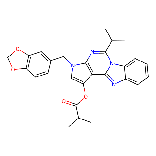 3-(1,3-benzodioxol-5-ylmethyl)-5-(propan-2-yl)-3H-pyrrolo[2',3':4,5]pyrimido[1,6-a]benzimidazol-1-yl 2-methylpropanoate structure