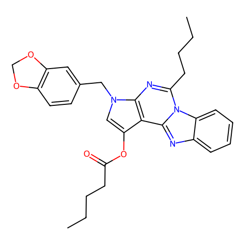 3-(1,3-benzodioxol-5-ylmethyl)-5-butyl-3H-pyrrolo[2',3':4,5]pyrimido[1,6-a]benzimidazol-1-yl pentanoate structure