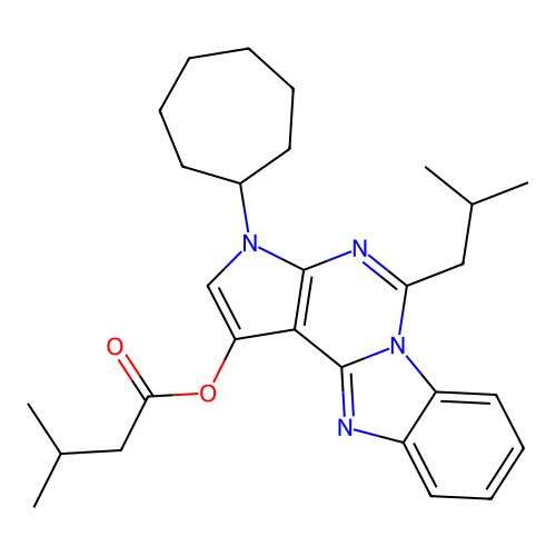 3-cycloheptyl-5-(2-methylpropyl)-3H-pyrrolo[2',3':4,5]pyrimido[1,6-a]benzimidazol-1-yl 3-methylbutanoate structure