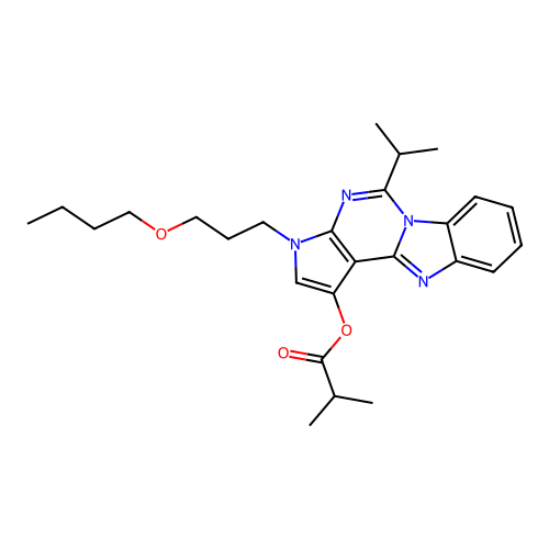 3-(3-butoxypropyl)-5-(propan-2-yl)-3H-pyrrolo[2',3':4,5]pyrimido[1,6-a]benzimidazol-1-yl 2-methylpropanoate structure
