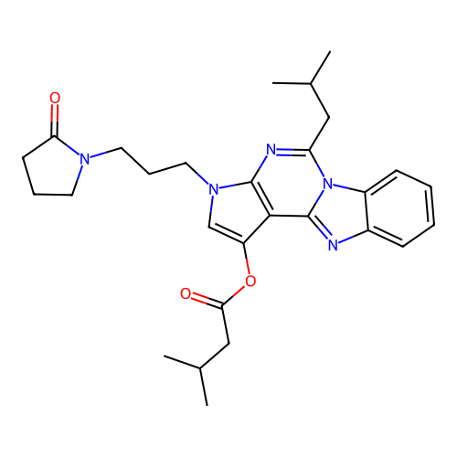 5-(2-methylpropyl)-3-[3-(2-oxopyrrolidin-1-yl)propyl]-3H-pyrrolo[2',3':4,5]pyrimido[1,6-a]benzimidazol-1-yl 3-methylbutanoate structure