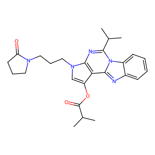 3-[3-(2-oxopyrrolidin-1-yl)propyl]-5-(propan-2-yl)-3H-pyrrolo[2',3':4,5]pyrimido[1,6-a]benzimidazol-1-yl 2-methylpropanoate structure