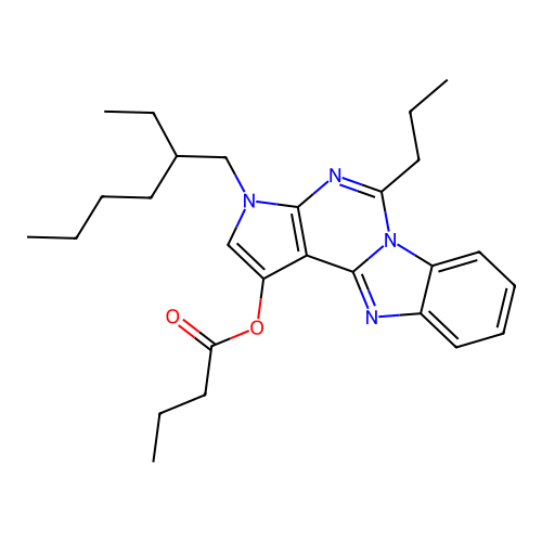 3-(2-ethylhexyl)-5-propyl-3H-pyrrolo[2',3':4,5]pyrimido[1,6-a]benzimidazol-1-yl butanoate structure