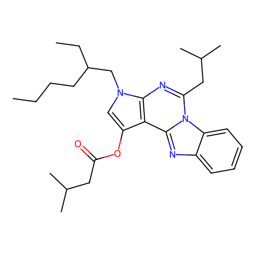 3-(2-ethylhexyl)-5-(2-methylpropyl)-3H-pyrrolo[2',3':4,5]pyrimido[1,6-a]benzimidazol-1-yl 3-methylbutanoate structure