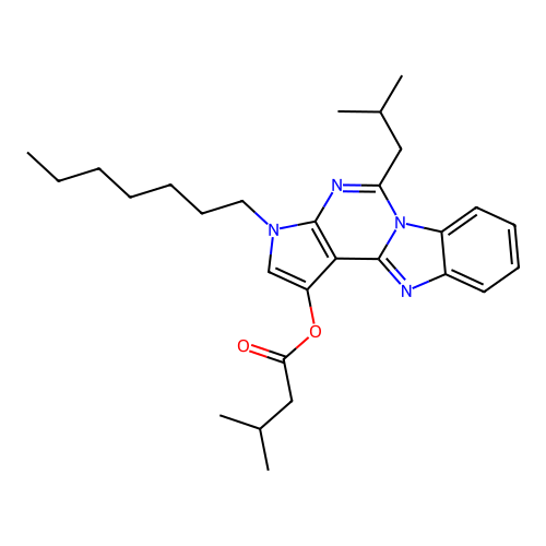 3-heptyl-5-(2-methylpropyl)-3H-pyrrolo[2',3':4,5]pyrimido[1,6-a]benzimidazol-1-yl 3-methylbutanoate structure