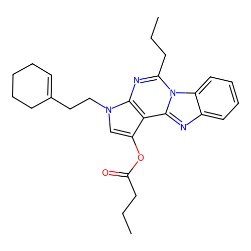 3-(2-(cyclohex-1-en-1-yl)ethyl)-5-propyl-3H-benzo[4,5]imidazo[1,2-c]pyrrolo[3,2-e]pyrimidin-1-yl butyrate structure