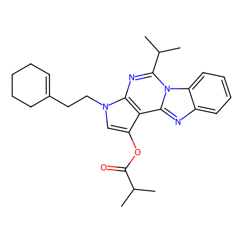 3-(2-(cyclohex-1-en-1-yl)ethyl)-5-isopropyl-3H-benzo[4,5]imidazo[1,2-c]pyrrolo[3,2-e]pyrimidin-1-yl isobutyrate structure