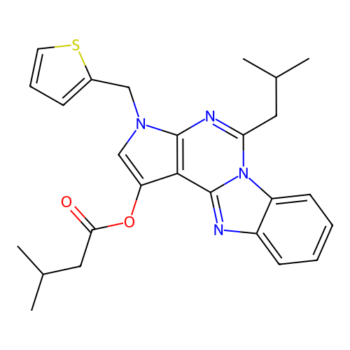 5-(2-methylpropyl)-3-(thiophen-2-ylmethyl)-3H-pyrrolo[2',3':4,5]pyrimido[1,6-a]benzimidazol-1-yl 3-methylbutanoate structure