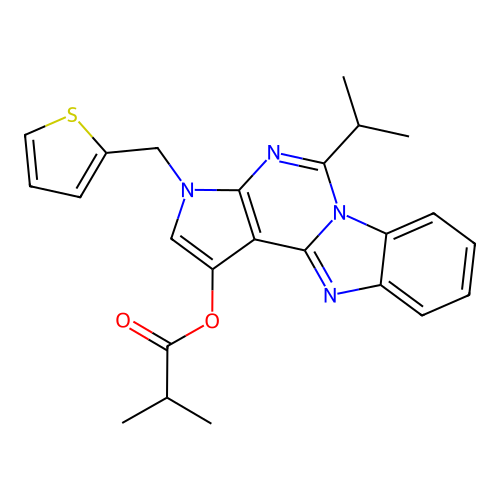 5-(propan-2-yl)-3-(thiophen-2-ylmethyl)-3H-pyrrolo[2',3':4,5]pyrimido[1,6-a]benzimidazol-1-yl 2-methylpropanoate structure