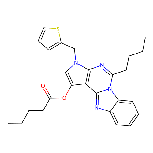 5-butyl-3-(thiophen-2-ylmethyl)-3H-benzo[4,5]imidazo[1,2-c]pyrrolo[3,2-e]pyrimidin-1-yl pentanoate structure