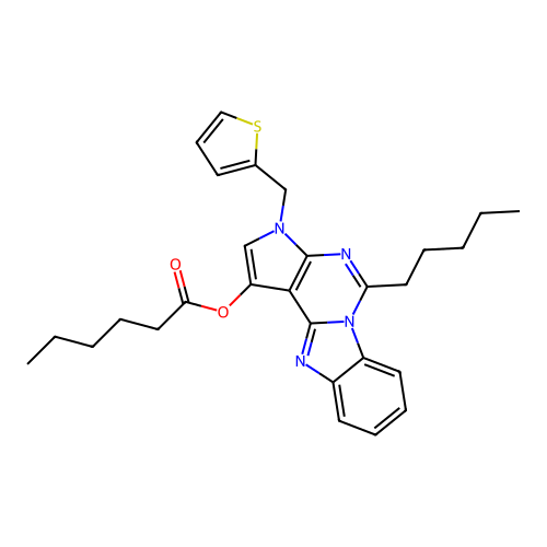 5-pentyl-3-(thiophen-2-ylmethyl)-3H-benzo[4,5]imidazo[1,2-c]pyrrolo[3,2-e]pyrimidin-1-yl hexanoate structure