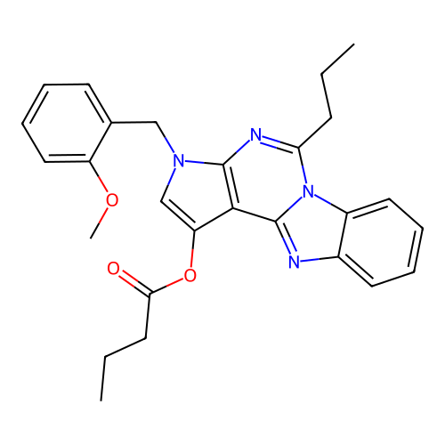 3-(2-methoxybenzyl)-5-propyl-3H-benzo[4,5]imidazo[1,2-c]pyrrolo[3,2-e]pyrimidin-1-yl butyrate structure