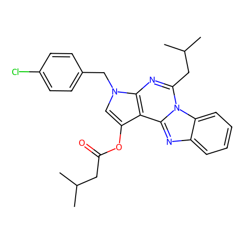 3-(4-chlorobenzyl)-5-(2-methylpropyl)-3H-pyrrolo[2',3':4,5]pyrimido[1,6-a]benzimidazol-1-yl 3-methylbutanoate structure