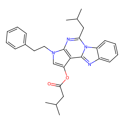 5-(2-methylpropyl)-3-(2-phenylethyl)-3H-pyrrolo[2',3':4,5]pyrimido[1,6-a]benzimidazol-1-yl 3-methylbutanoate structure