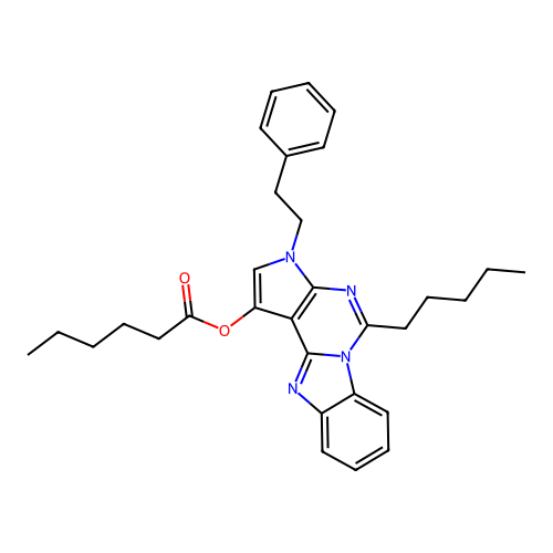 5-pentyl-3-phenethyl-3H-benzo[4,5]imidazo[1,2-c]pyrrolo[3,2-e]pyrimidin-1-yl hexanoate structure