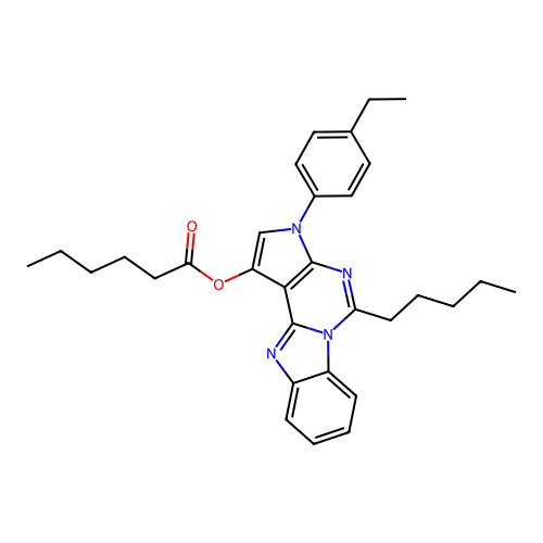 3-(4-ethylphenyl)-5-pentyl-3H-benzo[4,5]imidazo[1,2-c]pyrrolo[3,2-e]pyrimidin-1-yl hexanoate structure
