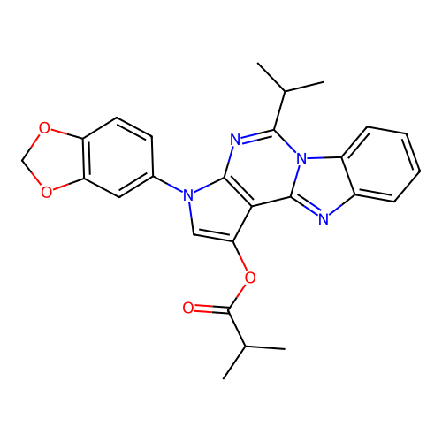 3-(1,3-benzodioxol-5-yl)-5-(propan-2-yl)-3H-pyrrolo[2',3':4,5]pyrimido[1,6-a]benzimidazol-1-yl 2-methylpropanoate structure