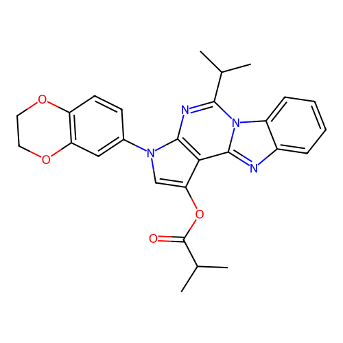 3-(2,3-dihydro-1,4-benzodioxin-6-yl)-5-(propan-2-yl)-3H-pyrrolo[2',3':4,5]pyrimido[1,6-a]benzimidazol-1-yl 2-methylpropanoate structure