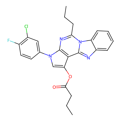 3-(3-chloro-4-fluorophenyl)-5-propyl-3H-benzo[4,5]imidazo[1,2-c]pyrrolo[3,2-e]pyrimidin-1-yl butyrate structure