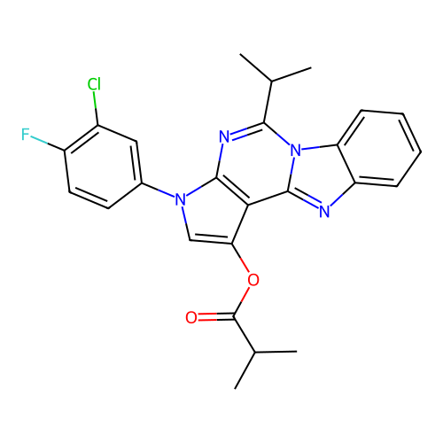 3-(3-chloro-4-fluorophenyl)-5-(propan-2-yl)-3H-pyrrolo[2',3':4,5]pyrimido[1,6-a]benzimidazol-1-yl 2-methylpropanoate structure