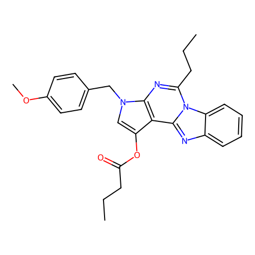 3-(4-methoxybenzyl)-5-propyl-3H-benzo[4,5]imidazo[1,2-c]pyrrolo[3,2-e]pyrimidin-1-yl butyrate structure