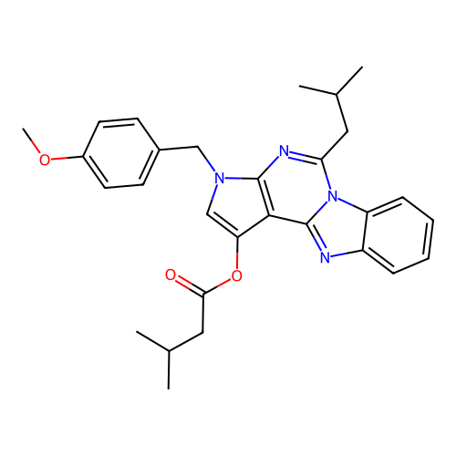 3-(4-methoxybenzyl)-5-(2-methylpropyl)-3H-pyrrolo[2',3':4,5]pyrimido[1,6-a]benzimidazol-1-yl 3-methylbutanoate structure