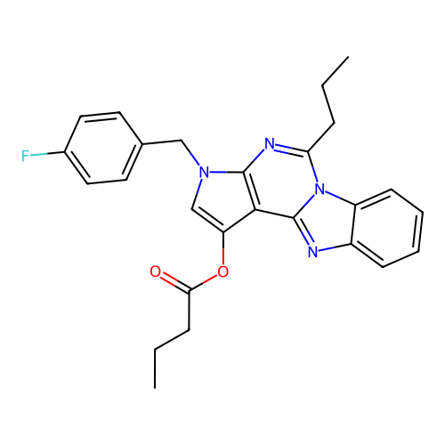 3-(4-fluorobenzyl)-5-propyl-3H-benzo[4,5]imidazo[1,2-c]pyrrolo[3,2-e]pyrimidin-1-yl butyrate structure