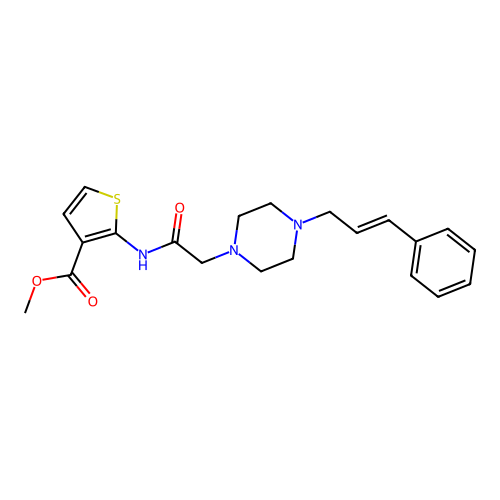 (E)-methyl 2-(2-(4-cinnamylpiperazin-1-yl)acetamido)thiophene-3-carboxylate structure