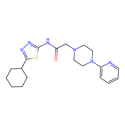N-(5-cyclohexyl-1,3,4-thiadiazol-2-yl)-2-(4-pyridin-2-ylpiperazin-1-yl)acetamide structure