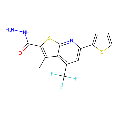 3-methyl-6-(thiophen-2-yl)-4-(trifluoromethyl)thieno[2,3-b]pyridine-2-carbohydrazide structure