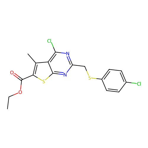 ethyl 4-chloro-2-{[(4-chlorophenyl)sulfanyl]methyl}-5-methylthieno[2,3-d]pyrimidine-6-carboxylate structure
