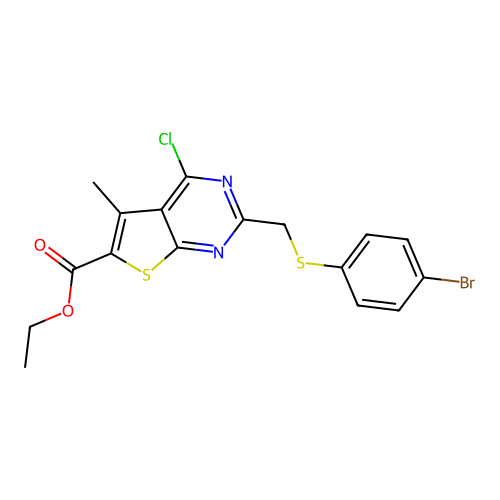 ethyl 2-{[(4-bromophenyl)sulfanyl]methyl}-4-chloro-5-methylthieno[2,3-d]pyrimidine-6-carboxylate structure