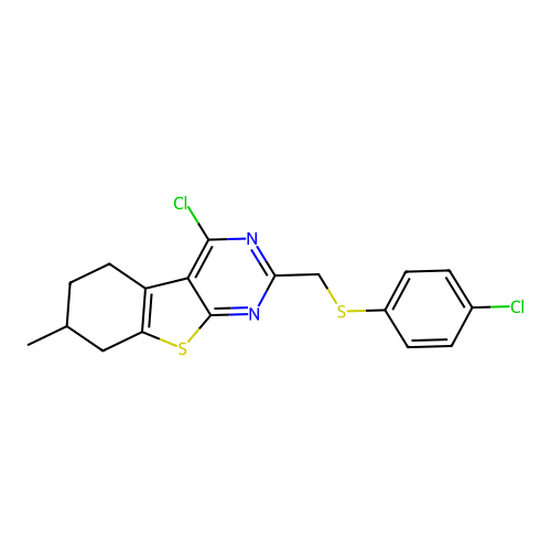3-chloro-5-{[(4-chlorophenyl)sulfanyl]methyl}-11-methyl-8-thia-4,6-diazatricyclo[7.4.0.0,2,7]trideca-1(9),2(7),3,5-tetraene structure