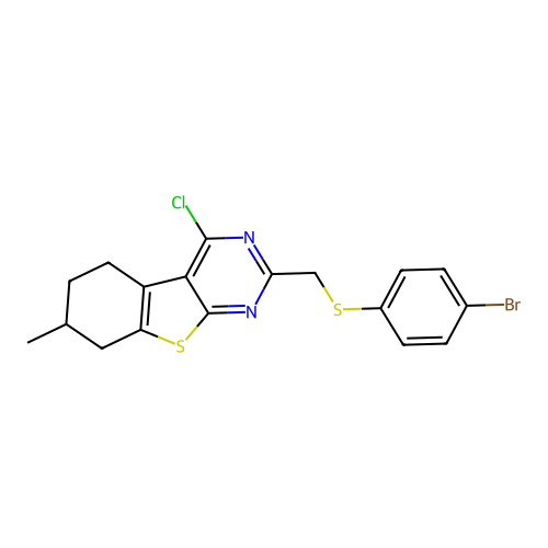 2-{[(4-bromophenyl)thio]methyl}-4-chloro-7-methyl-5,6,7,8-tetrahydro[1]benzothieno[2,3-d]pyrimidine structure
