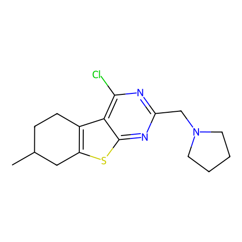 4-chloro-7-methyl-2-(pyrrolidin-1-ylmethyl)-5,6,7,8-tetrahydro[1]benzothieno[2,3-d]pyrimidine structure