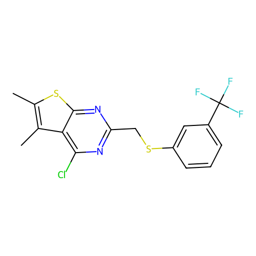 4-chloro-5,6-dimethyl-2-({[3-(trifluoromethyl)phenyl]sulfanyl}methyl)thieno[2,3-d]pyrimidine structure