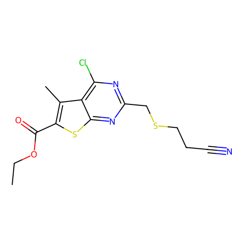 ethyl 4-chloro-2-{[(2-cyanoethyl)sulfanyl]methyl}-5-methylthieno[2,3-d]pyrimidine-6-carboxylate structure