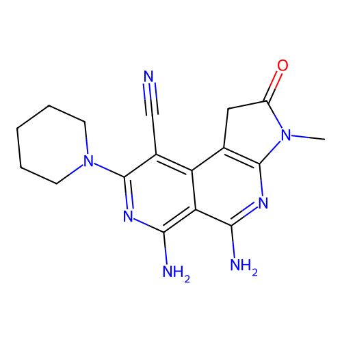 5,6-diamino-3-methyl-2-oxo-8-(piperidin-1-yl)-1H,2H,3H-pyrrolo[2,3-c]2,7-naphthyridine-9-carbonitrile structure