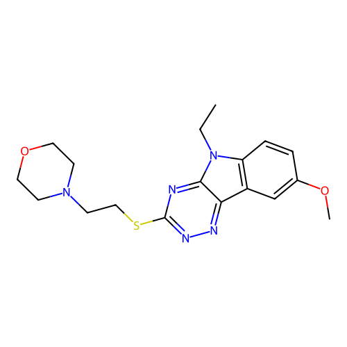 4-(2-((5-ethyl-8-methoxy-5H-[1,2,4]triazino[5,6-b]indol-3-yl)thio)ethyl)morpholine structure