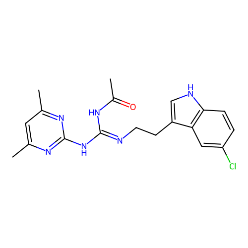 (E)-N-(((2-(5-chloro-1H-indol-3-yl)ethyl)amino)((4,6-dimethylpyrimidin-2-yl)amino)methylene)acetamide structure
