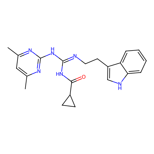 (Z)-N-(((2-(1H-indol-3-yl)ethyl)amino)((4,6-dimethylpyrimidin-2-yl)amino)methylene)cyclopropanecarboxamide structure