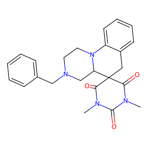 3'-benzyl-1,3-dimethylspiro[1,3-diazinane-5,5'-2,4,4a,6-tetrahydro-1H-pyrazino[1,2-a]quinoline]-2,4,6-trione structure
