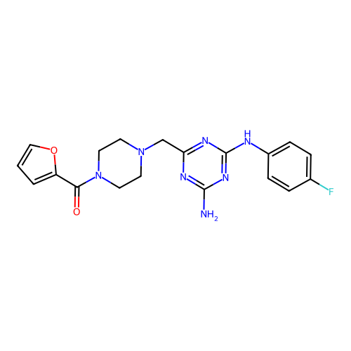 (4-{[4-amino-6-(4-fluoroanilino)-1,3,5-triazin-2-yl]methyl}piperazino)(2-furyl)methanone structure