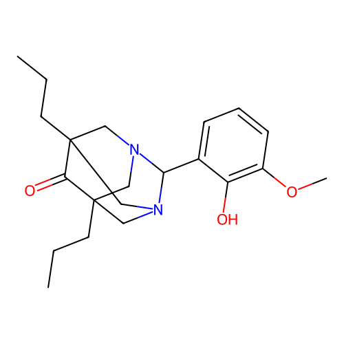 2-(2-hydroxy-3-methoxyphenyl)-5,7-dipropyl-1,3-diazatricyclo[3.3.1.1~3,7~]decan-6-one structure