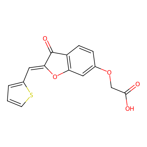 2-[[(2Z)-3-oxo-2-(thiophen-2-ylmethylidene)-1-benzofuran-6-yl]oxy]acetic acid structure
