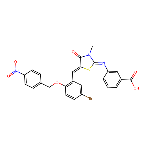 3-[[5-[[5-Bromo-2-[(4-nitrophenyl)methoxy]phenyl]methylene]-3-methyl-4-oxo-2-thiazolidinylidene]amino]benzoic acid structure