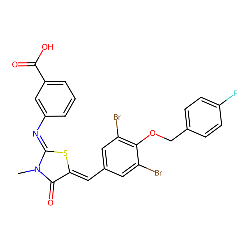 3-[[5-[[3,5-Dibromo-4-[(4-fluorophenyl)methoxy]phenyl]methylene]-3-methyl-4-oxo-2-thiazolidinylidene]amino]benzoic acid structure